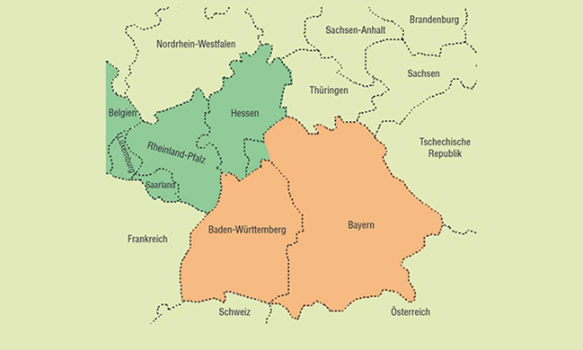 Der Tätigkeitsbereich des Bezirksapostels Saur ab Dezember 1995 (orange hinterlegt)